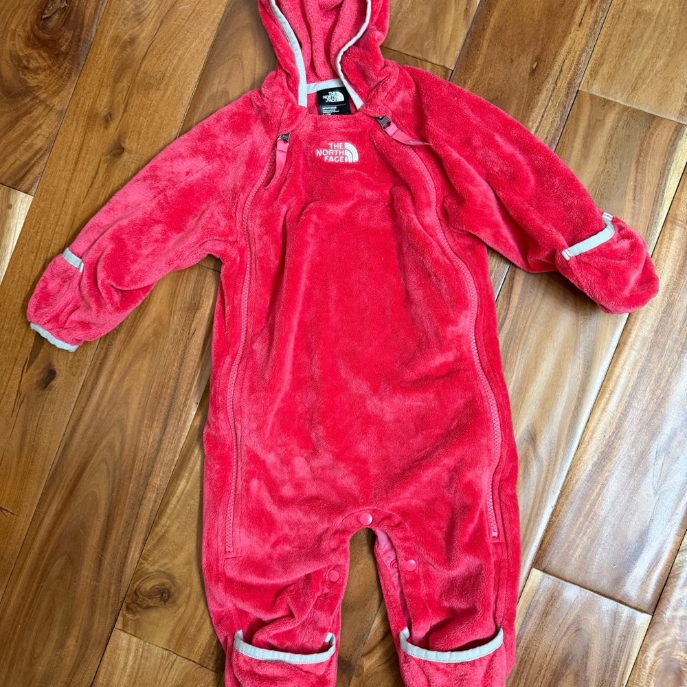 The North Face Bright Pink Fleece Hooded Baby One-Piece